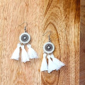 White Boho Tassel Earrings on Enamel Metal Disc